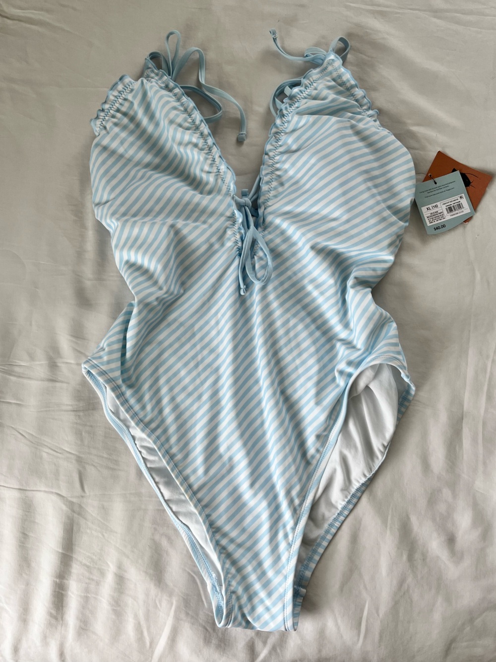 NWT Shade & Shore Blue White Striped Tie Front One Piece Swimsuit XL
